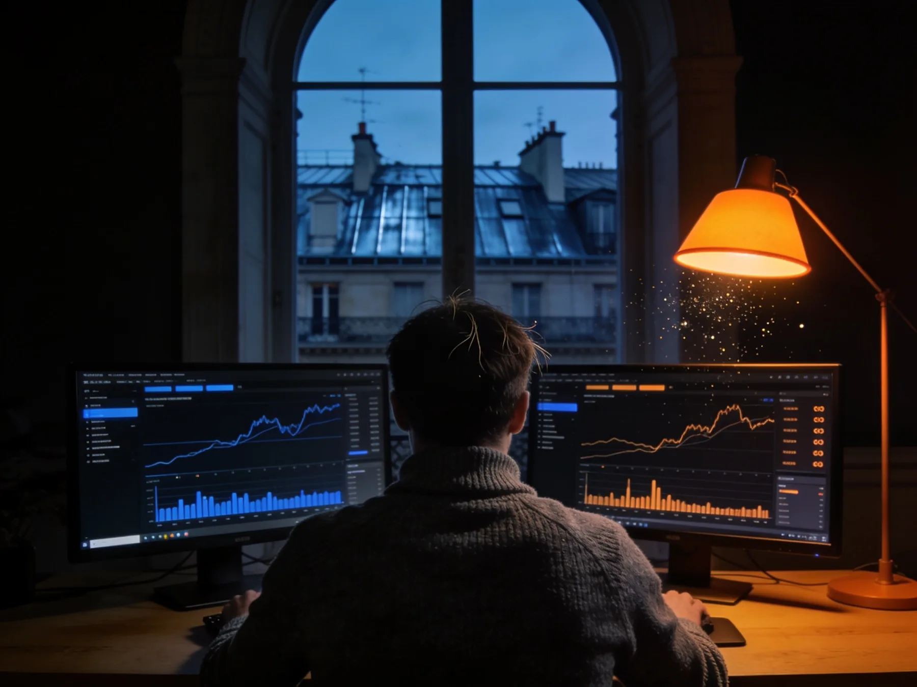 Un consultant analyse le trafic organique et les campagnes d'un client, la nuit, dans un bureau parisien