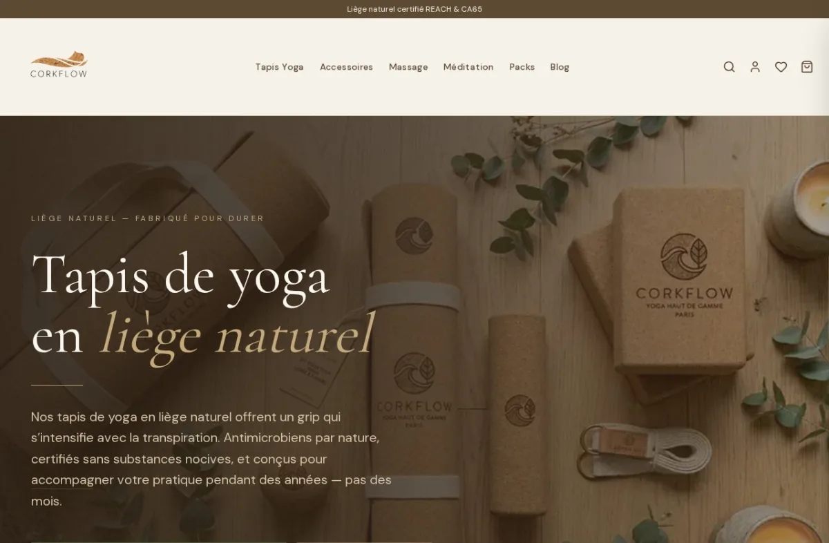 Page d'accueil du site e-commerce Corkflow, tapis de yoga en liège naturel